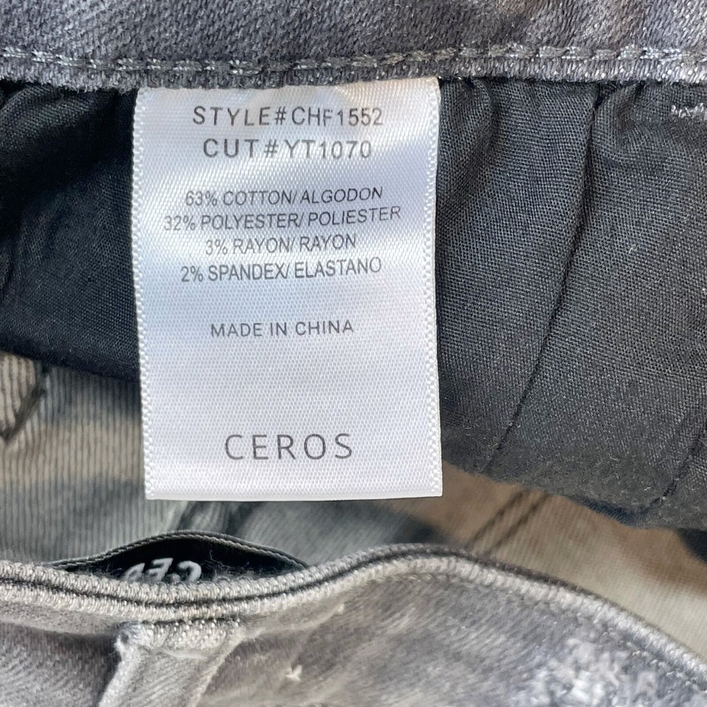 CEROS Womens Super High Rise Flare Jeans Distressed Gray 27 Leather Trim NEW - Picture 8 of 13
